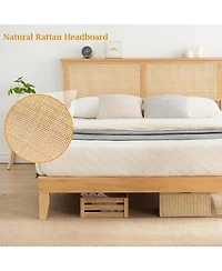 gaomon King Size Solid Wood Rattan Headboard with Led Lights Silent Slats Bohemian Platform Bed Frame