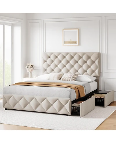 gaomon Full Size Bed Frame with 4 Storage Drawers Adjustable Headboard