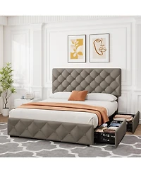 gaomon Queen Size Platform Bed Frame Adjustable Headboard 4 Drawers Modern Upholstered with Footboard Wood Slats