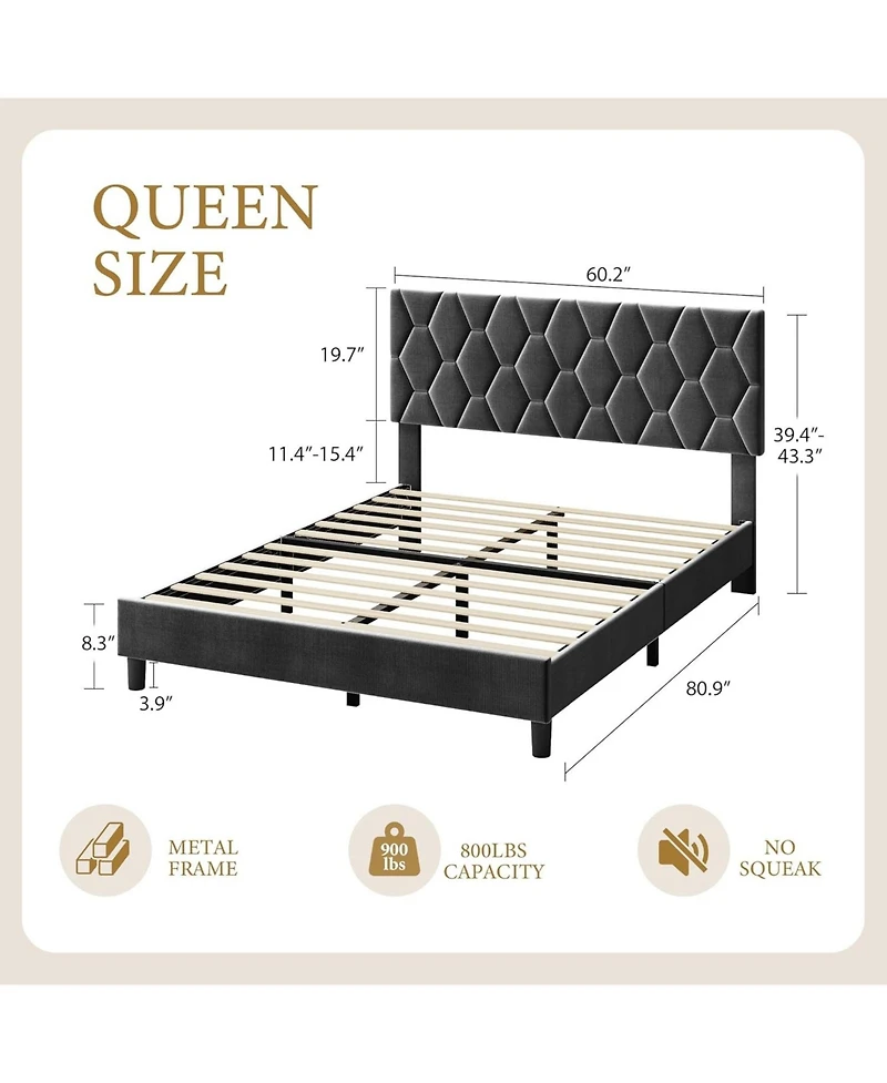 gaomon Queen Bed Frame Grey Upholstered Headboard Heavy Duty Platform Strong Wood Slats No Box Spring Noise Free