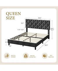 gaomon Queen Bed Frame Grey Upholstered Headboard Heavy Duty Platform Strong Wood Slats No Box Spring Noise Free