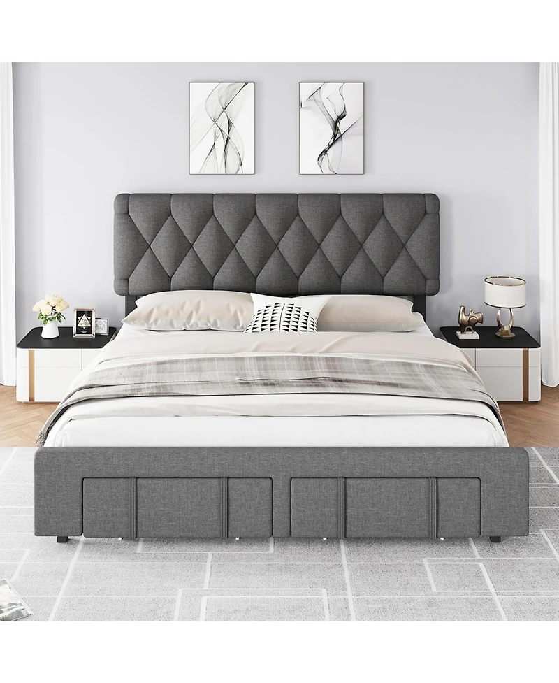 gaomon Queen Size Upholstered Platform Bed Frame Storage Drawers Wooden Slats No Box Spring Needed Grey