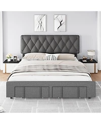 gaomon Queen Size Upholstered Platform Bed Frame Storage Drawers Wooden Slats No Box Spring Needed Grey