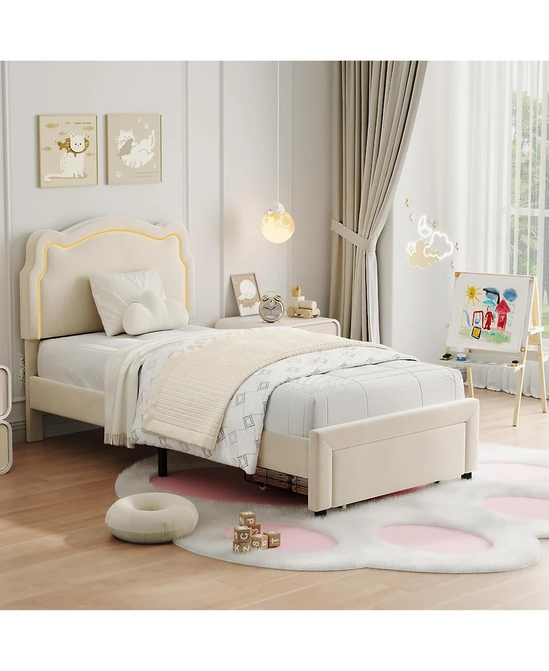 gaomon Twin Upholstered Bed Frame Smart Led Adjustable Bear Headboard Velvet Princess Platform Wood Slats Drawer
