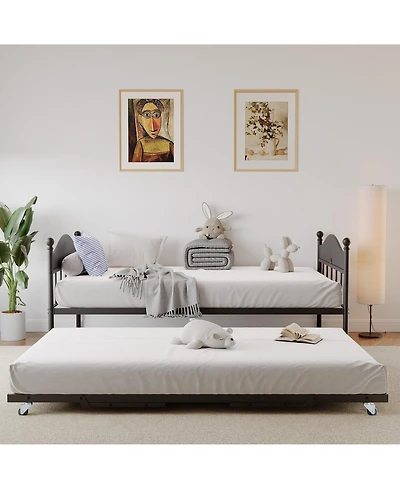 Daybed with Trundle, Metal Twin Size Day Bed with Stylish Headboard, Sofa Bed Frame with Pop Up Foldable Trundle Bed