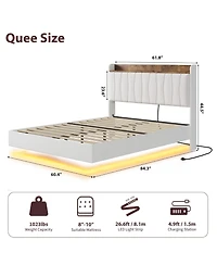 Gaomon Floating Bed Frame Queen with Led Lights & Usb Charging Station – Modern Upholstered Platform Bed with Headboard