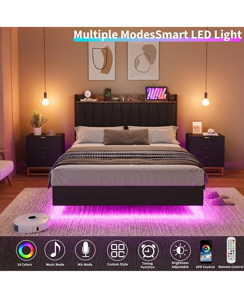 gaomon Floating Bed Frame Full with Led Lights & Usb Charging Station – Modern Upholstered Platform Bed with Headboard