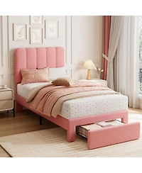 gaomon Twin Bed Frame with Under-Bed Drawer, Pink Boucle Upholstered Platform Bed with Wave Headboard for Kids/Girls, Wooden Slats Support