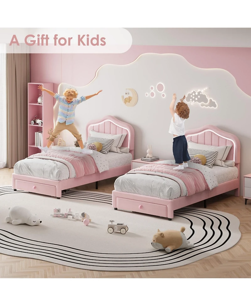 gaomon Twin Upholstered Bed Frame with Storage Drawer and Smart Led Headboard, Twin Size Platform Bed Frames for Kids