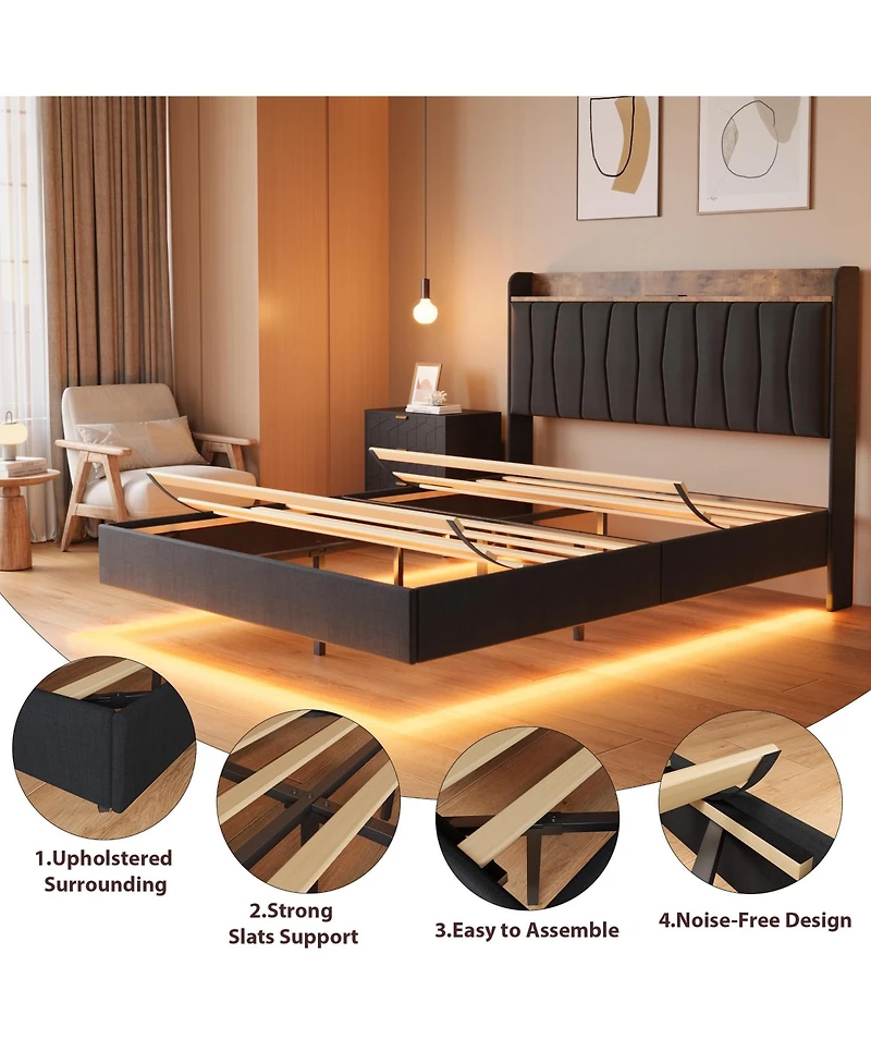 gaomon King Floating Bed Frame with Led Lights & Charging Station
