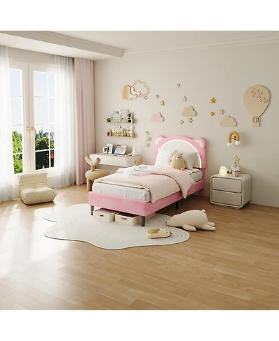 gaomon Twin Xl Kids Bed Frame, Upholstered Platform with Adjustable Headboard & Led,Wooden Slats, No Box Spring, Nursery