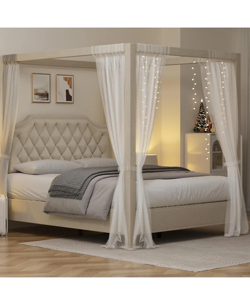 gaomon Queen Size Upholstered Canopy Bed with Tufted Headboard and Nailhead Trim, Sturdy Platform Frame, No Box Spring Needed