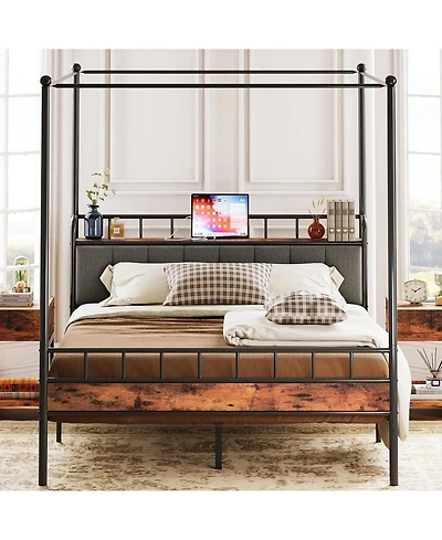 Likimio Canopy Bed Frame Queen, Storage Headboard with Charging Station and 4 Removable Sturdy Posts, Noise Free, No Box Spring Needed, Vintage Brown