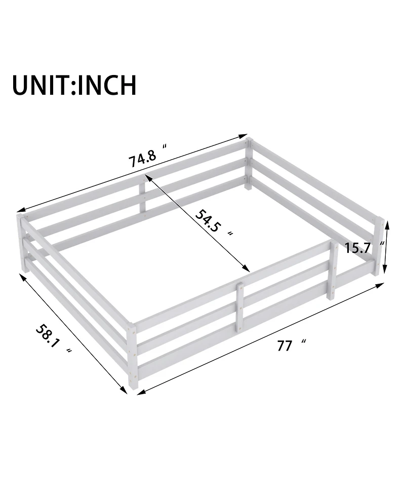 Cesicia Grey Wood Full Size Kids Floor Bed Kids Montessori Floor Bed with Fence for Girls, Boys