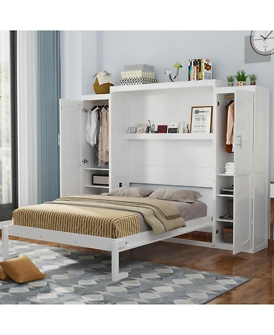 Streamdale Furniture Queen Size Murphy Bed with 2 Wardrobes & Storage Shelf, White