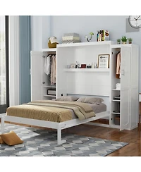 Streamdale Furniture Queen Size Murphy Bed with 2 Wardrobes & Storage Shelf, White