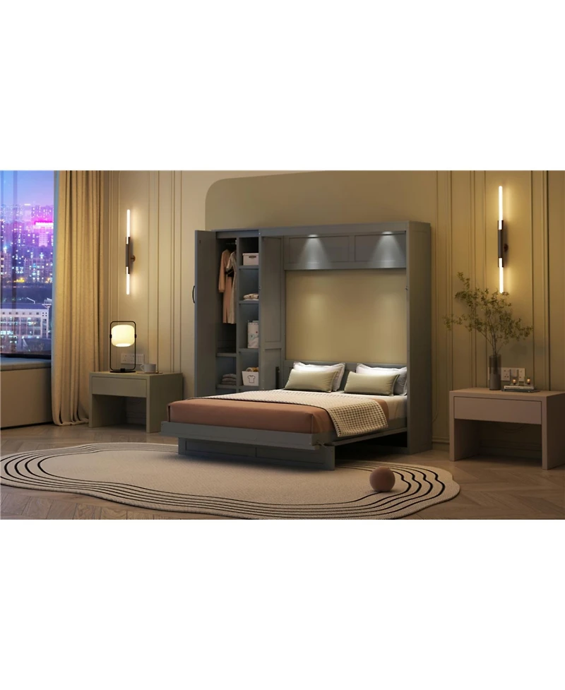 Streamdale Furniture Full Murphy Bed Wall with Shelves, Wardrobe and Led Lights, Gray