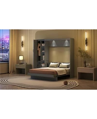 Streamdale Furniture Full Murphy Bed Wall with Shelves, Wardrobe and Led Lights, Gray