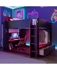 Streamdale Furniture Full Size Wood Loft Bed with Adjustable Desk, Drawers, Storage, Rgb Lights, Blue
