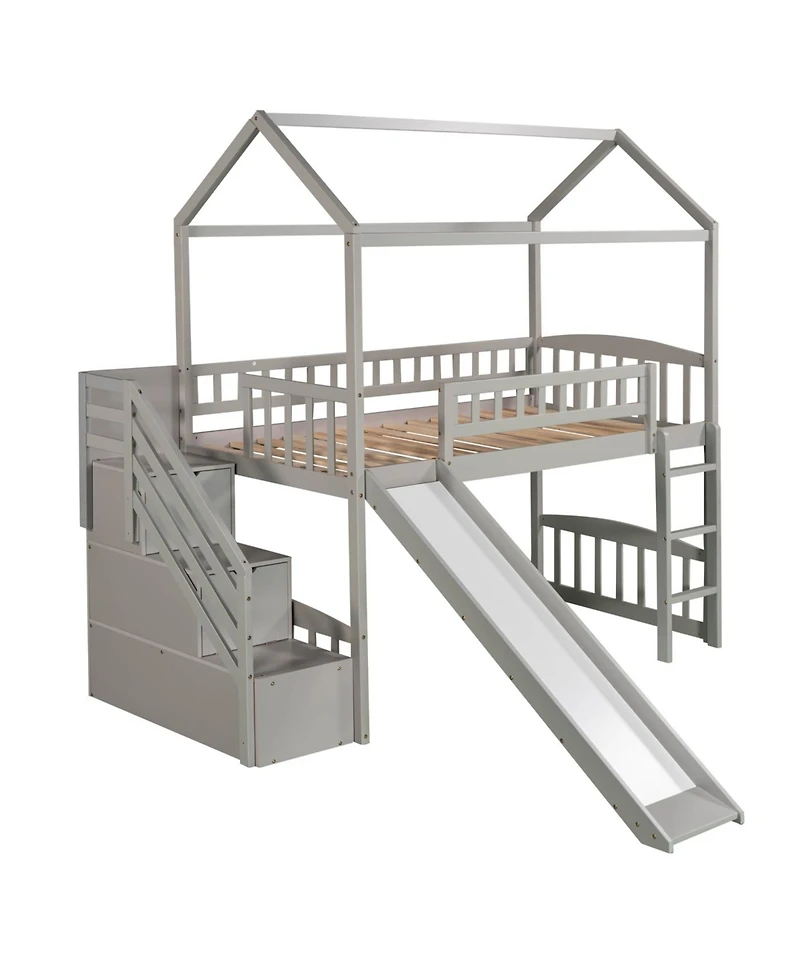 Streamdale Furniture Twin Loft Bed with Drawers and Slide, Gray