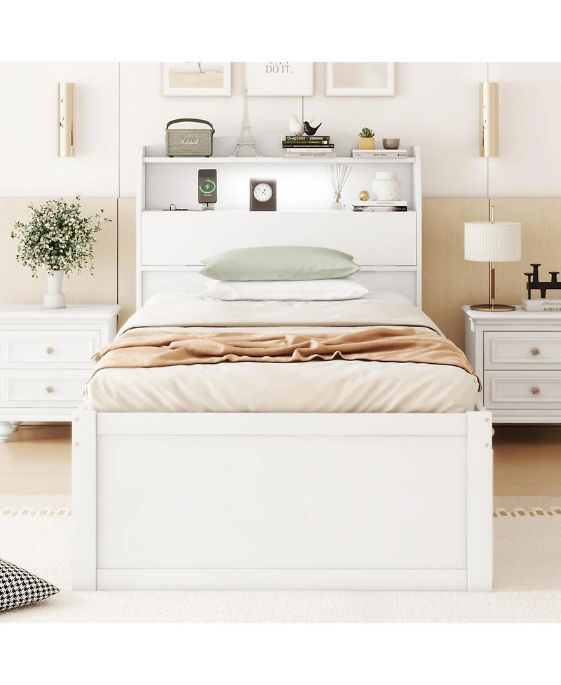 Streamdale Twin Wooden Led Platform Bed with Trundle, Storage Headboard & Drawers, White