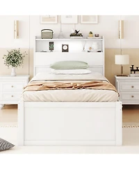 Streamdale Twin Wooden Led Platform Bed with Trundle, Storage Headboard & Drawers, White