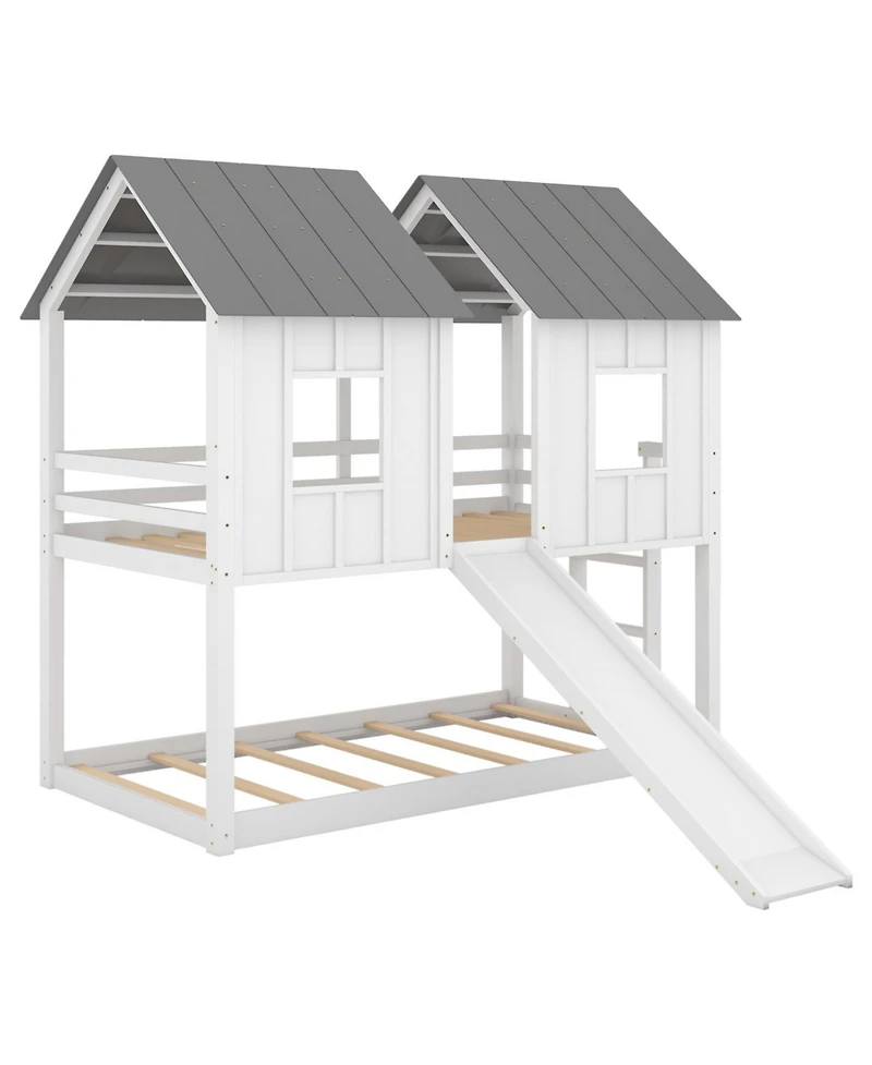 Streamdale Furniture Twin over Twin House Bunk Bed with Slide and Windows