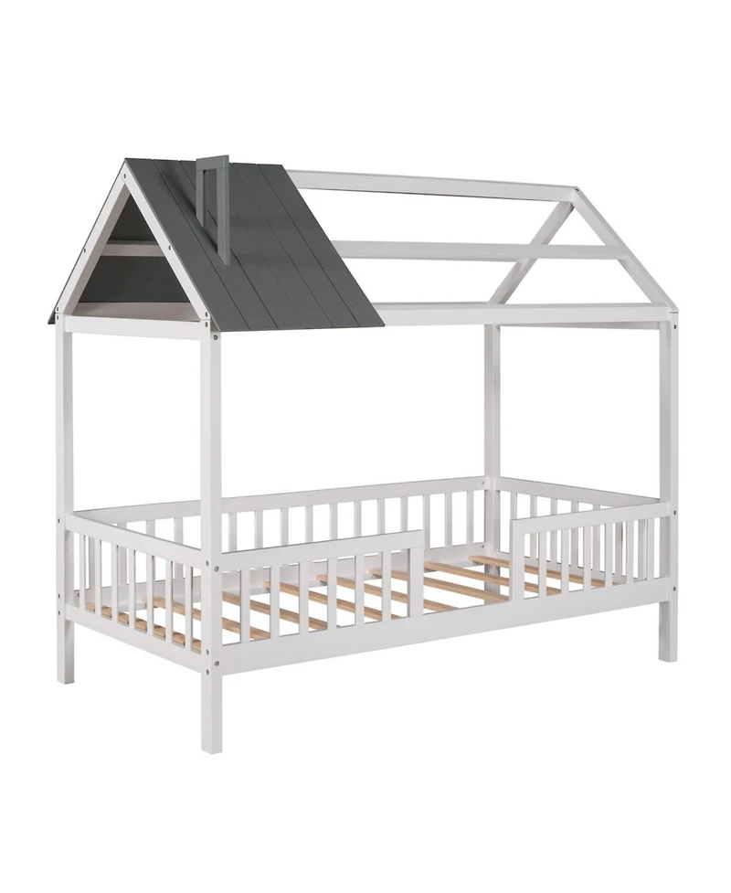 Streamdale Furniture Twin Size Wood House Bed with Fence, White+Gray