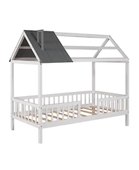 Streamdale Furniture Twin Size Wood House Bed with Fence, White+Gray