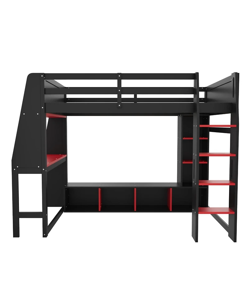 Streamdale Furniture Wood Gaming Loft Bed w/ Desk, Shelves, Led, Rack, Black