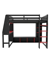 Streamdale Furniture Wood Gaming Loft Bed w/ Desk, Shelves, Led, Rack, Black