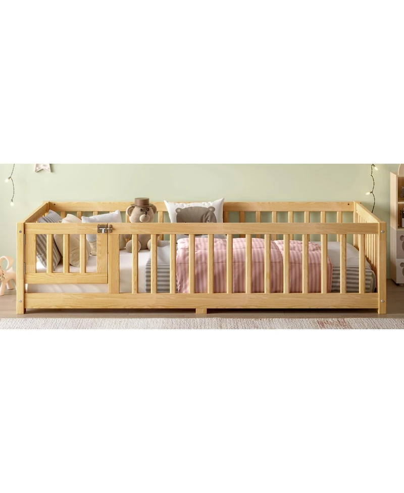 Streamdale Twin Size Floor Bed with Guardrails and Door for Kids, Natural