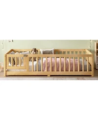 Streamdale Twin Size Floor Bed with Guardrails and Door for Kids, Natural