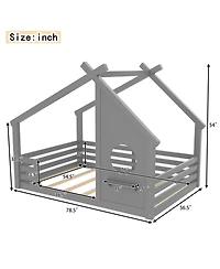 Streamdale Furniture Full House Floor Bed with Window & Shelf, Solid Wood, Grey