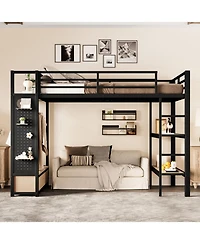 Streamdale Metal Loft Bed with Wardrobe and Shelves, Black