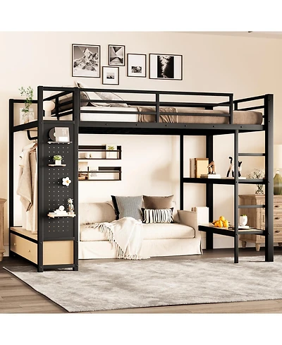 Streamdale Metal Loft Bed with Wardrobe and Shelves, Black