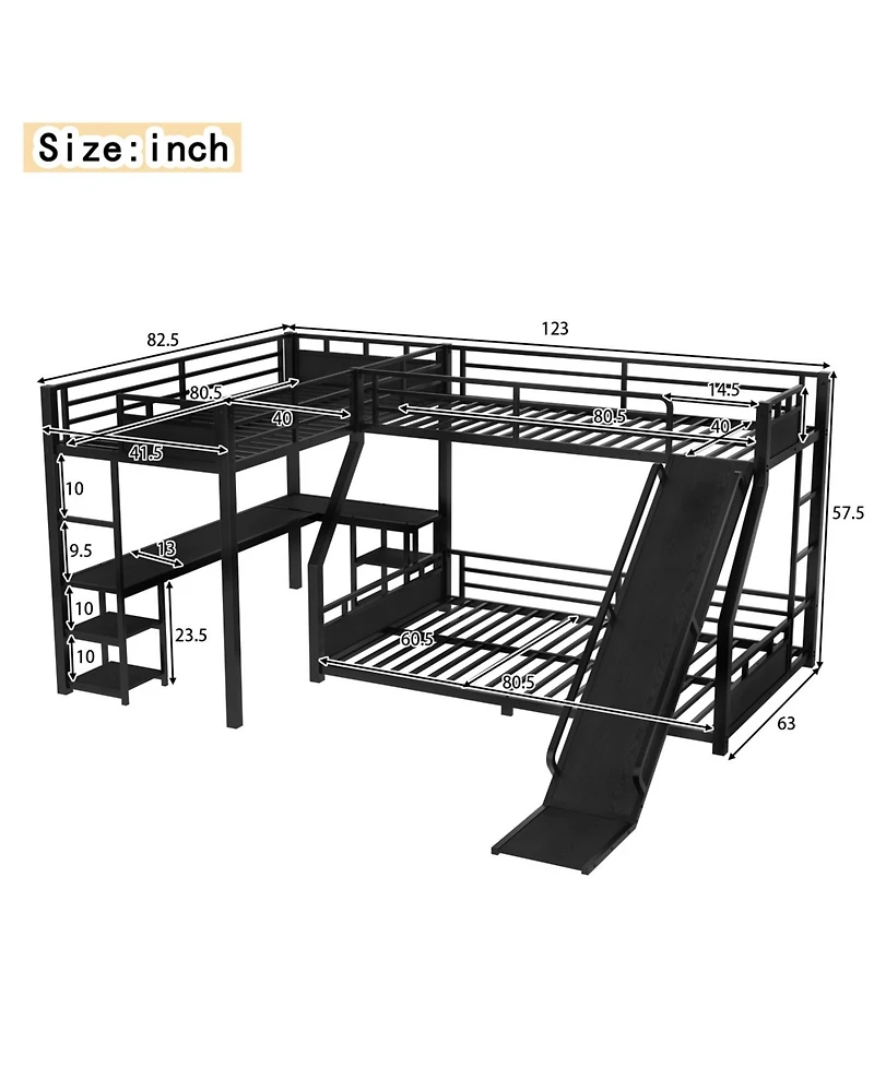 Streamdale Furniture L-Shaped Metal Bunk Bed (Twin Xl/Queen) w/ Loft, Desk, Shelves, Slide - Black