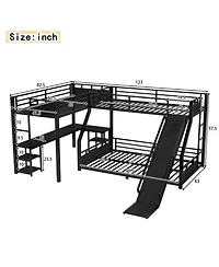 Streamdale Furniture L-Shaped Metal Bunk Bed (Twin Xl/Queen) w/ Loft, Desk, Shelves, Slide - Black