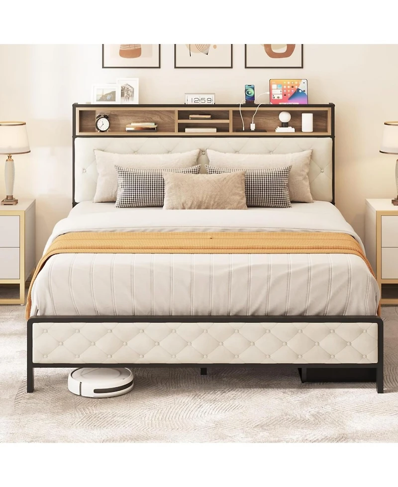 Streamdale Furniture Queen Size Upholstered Platform Bed Frame with Charging Station - Beige