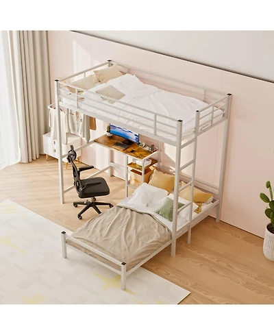 Streamdale Furniture Bunk Bed Twin Over Twin with Desk Station, L-Shaped Metal Loft Bed, White
