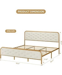 gaomon Velvet Upholstered Platform Bed Frame with Curved Button-Tufted Headboard, Golden Base and Sturdy Wood Slat Support