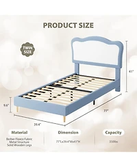 gaomon Twin Size Kids Upholstered Bed Frame with Scallop Velvet Headboard, Sturdy Slats, Noise-Free, Blue & White
