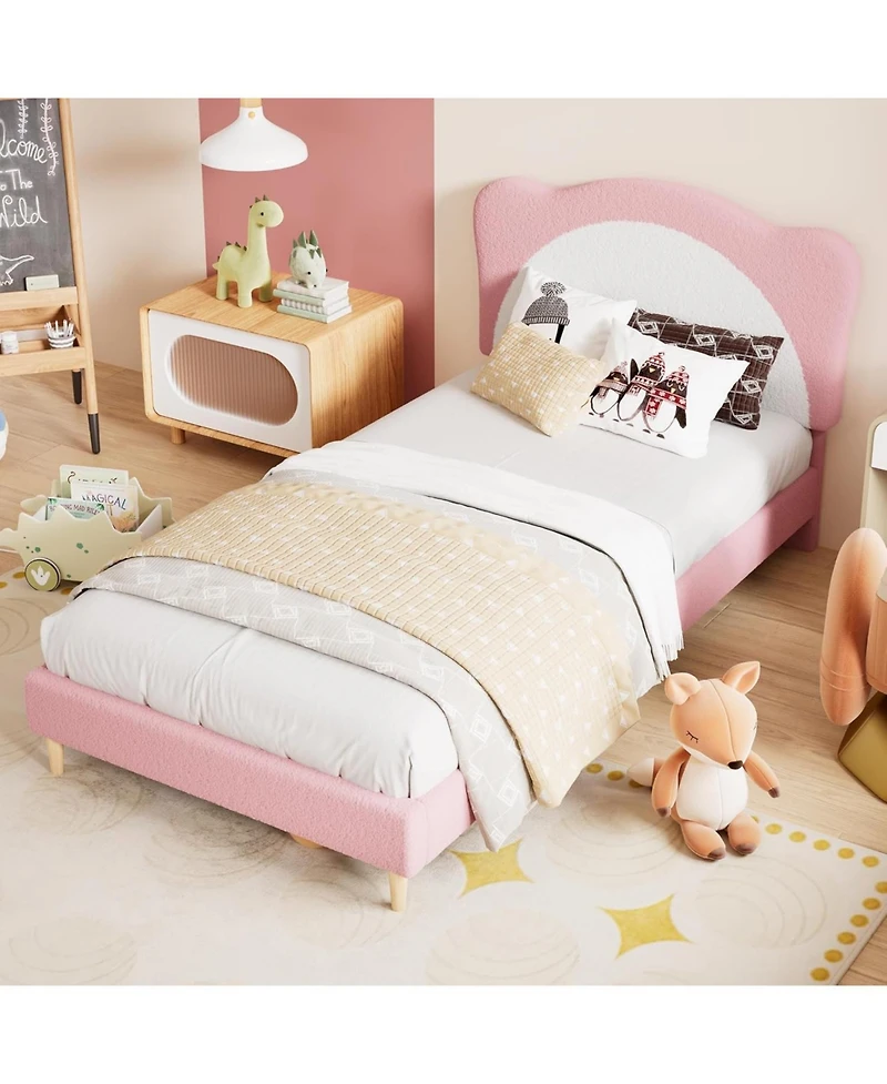 Gaomon Twin Size Kids Upholstered Bed Frame with Adjustable Scallop Velvet Headboard, Princess Platform, Pink & White