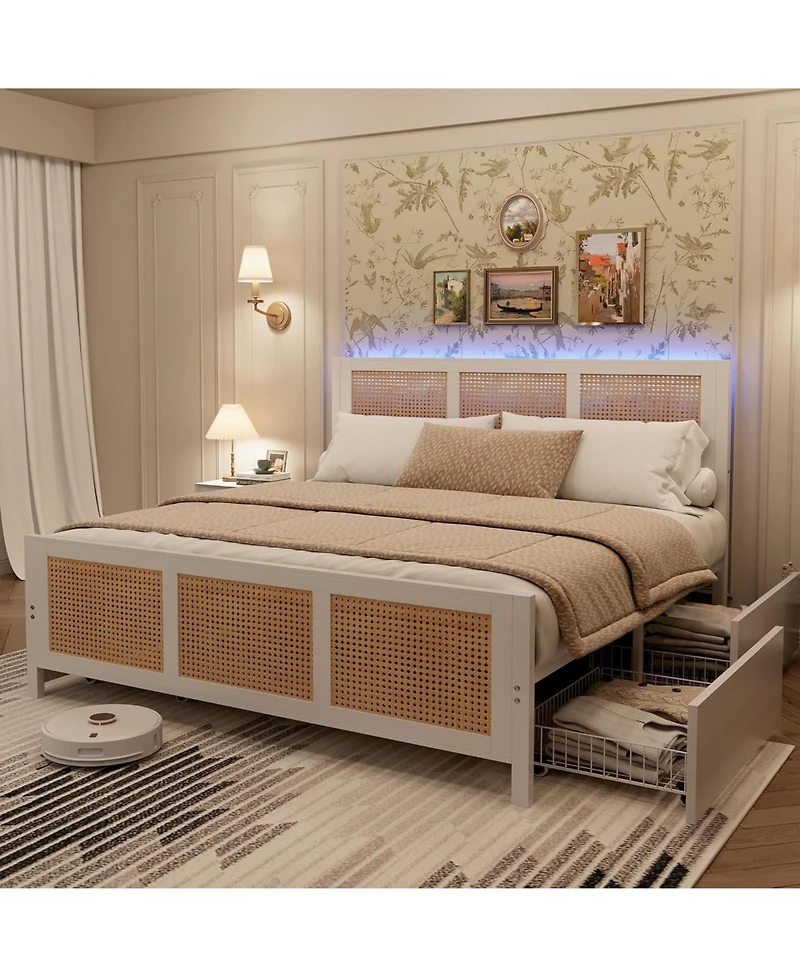 gaomon Queen Size Rattan Accent Storage Bed with 4 Drawers, Woven Front, Led Lights, Mdf Frame