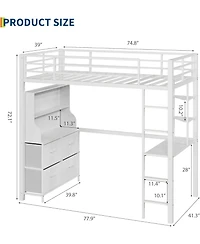 gaomon Twin Size Loft Bed with Desk, Storage Shelves, Led Lights, Safety Guardrail, Ladder, Steel Slats