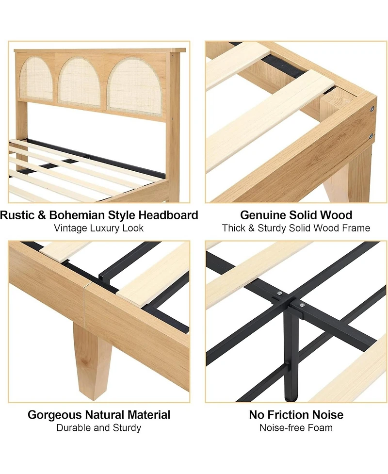 Gaomon Full Size Solid Wood & Rattan Rgb Led Platform Bed Frame with Underbed Storage