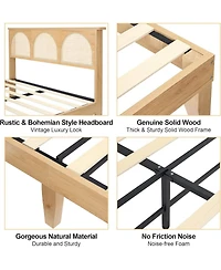 Gaomon Full Size Solid Wood & Rattan Rgb Led Platform Bed Frame with Underbed Storage