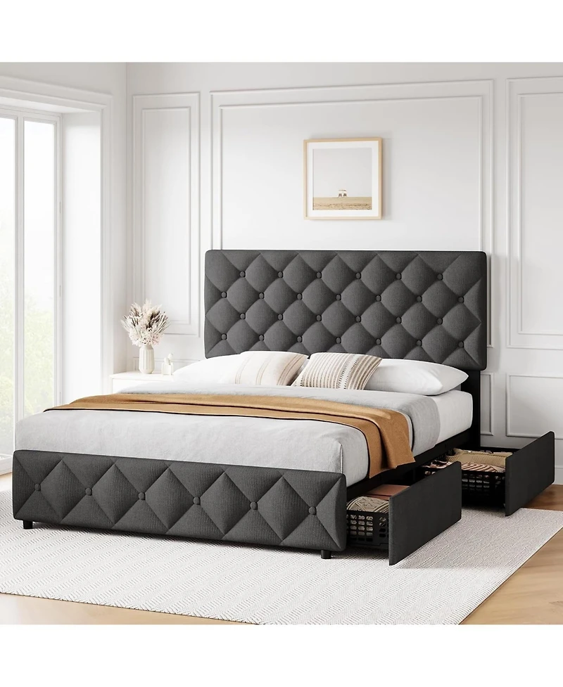gaomon Full Size Bed Frame 4 Storage Drawers Adjustable Upholstered Headboard Platform Bed Button Tufted Gray