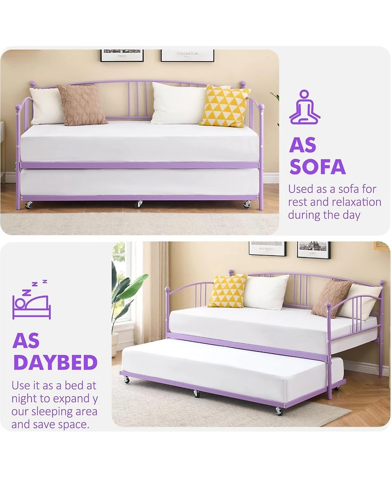gaomon Twin Daybed with Trundle Metal Frame Pullout Trundle 6 Casters Steel Slats Living Room Bedroom Guest Room No Box Spring Purple