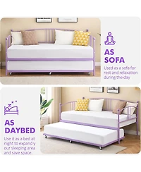 gaomon Twin Daybed with Trundle Metal Frame Pullout Trundle 6 Casters Steel Slats Living Room Bedroom Guest Room No Box Spring Purple